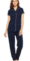 ZEYO Women's Cotton Navy Blue Leaf Printed Stylish Night suit set