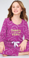 ZEYO Night Suit for Girl's Purple Heart Printed Cotton Night Dress of Top and Pajama set