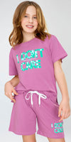 ZEYO Night Suit for Girl's Pink Mauve Typography Printed Cotton Night Dress of Top and Short's set