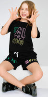 ZEYO Night Suit for Girl's Black Typography Printed Cotton Night Dress of Top and Short's set