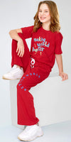 ZEYO Girl's Cotton Red Typography Printed Night Suit Set of Top & Palazzo