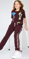 ZEYO Night Suit for Girl's Brown Typography Printed Cotton Night Dress of Top and Joggers set