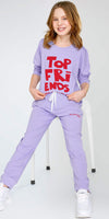 ZEYO Night Suit for Girl's Lavender Typography Printed Cotton Night Dress of Top and Joggers set
