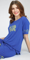ZEYO Women's Viscose Blue Printed Night Suit Set of Top & Shorts