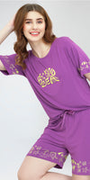 ZEYO Women's Viscose Purple Printed Night Suit Set of Top & Shorts