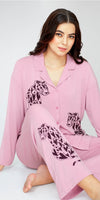 ZEYO Women's Viscose Pink Leopard Printed Night Suit Set of Shirt & Pyjama