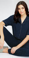 ZEYO Women's Viscose Navy Blue Dot Printed Night Suit Set of Shirt & Pyjama
