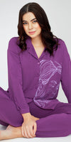 ZEYO Women's Viscose Purple Printed Night Suit Set of Shirt & Pyjama