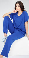 ZEYO Women's Viscose Blue Solid Plain Night Suit Set of Top & Pyjama