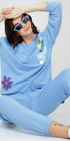 ZEYO Women Cotton Blue Track suit Conversational Printed Co-ords set