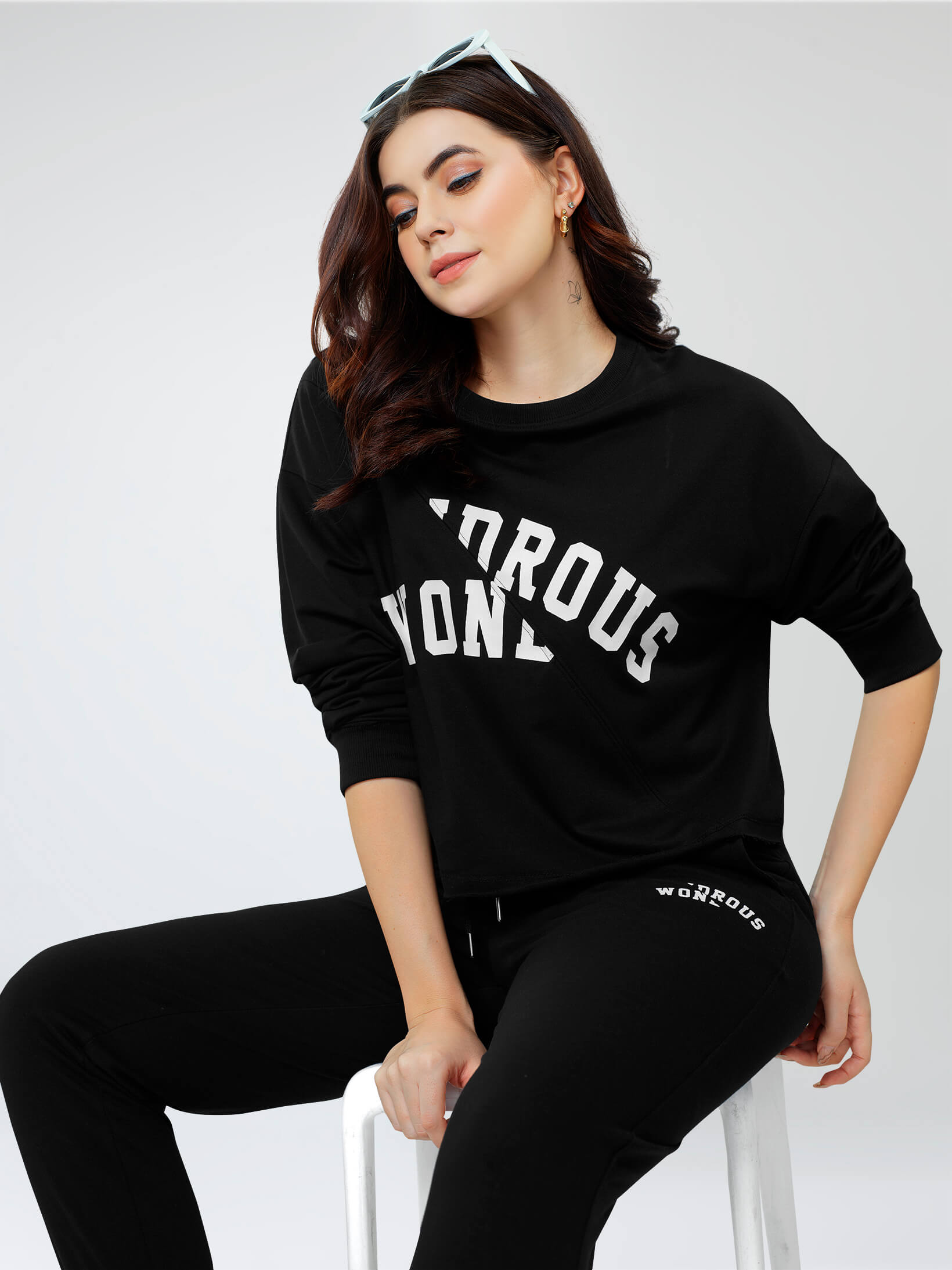 ZEYO Women Cotton Black Track suit Typography Printed Crop Top Co-ords