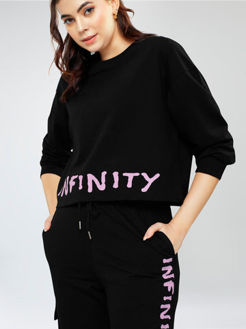ZEYO Women Cotton Black Track suit Typography Printed Crop Top Co-ords set