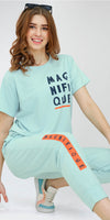 ZEYO Women's Cotton Cool Mint Blue Typography Printed Night Suit Set of Top & Joggers