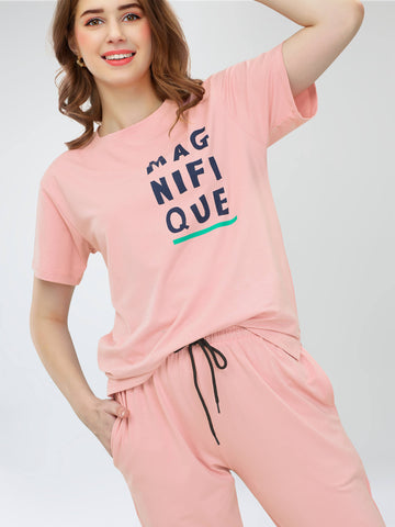 ZEYO Women's Cotton Peach Typography Printed Night Suit Set of Top & Joggers
