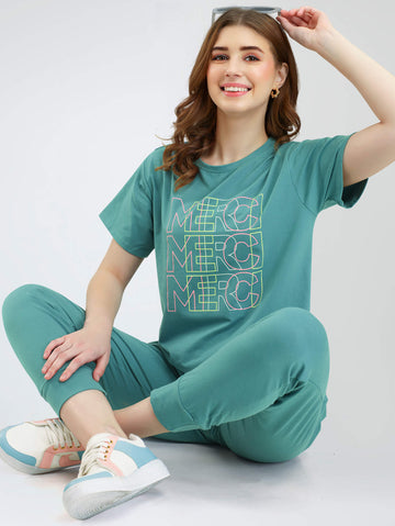 ZEYO Women's Cotton Green Typography Printed Night Suit Set of Top & Joggers