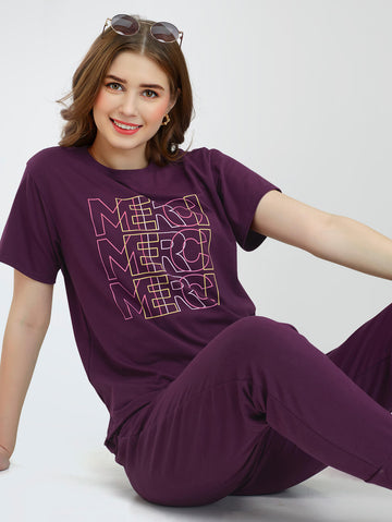 ZEYO Women's Cotton Wine Berry Typography Printed Night Suit Set of Top & Joggers