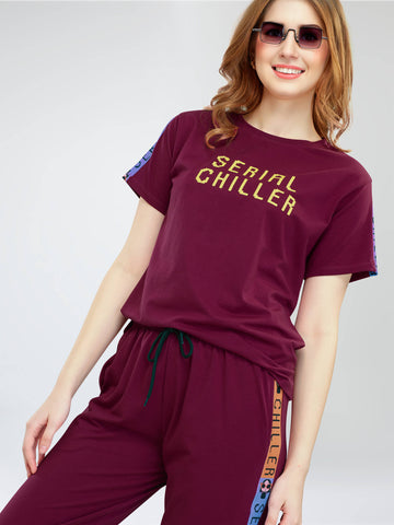 ZEYO Women's Cotton Maroon Typography Side Striped Night Suit Set of Top & Joggers