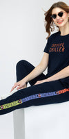 ZEYO Women's Cotton Navy Blue Typography Side Striped Night Suit Set of Top & Joggers