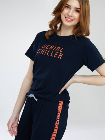 ZEYO Women's Cotton Navy Blue Typography Side Striped Night Suit Set of Top & Joggers