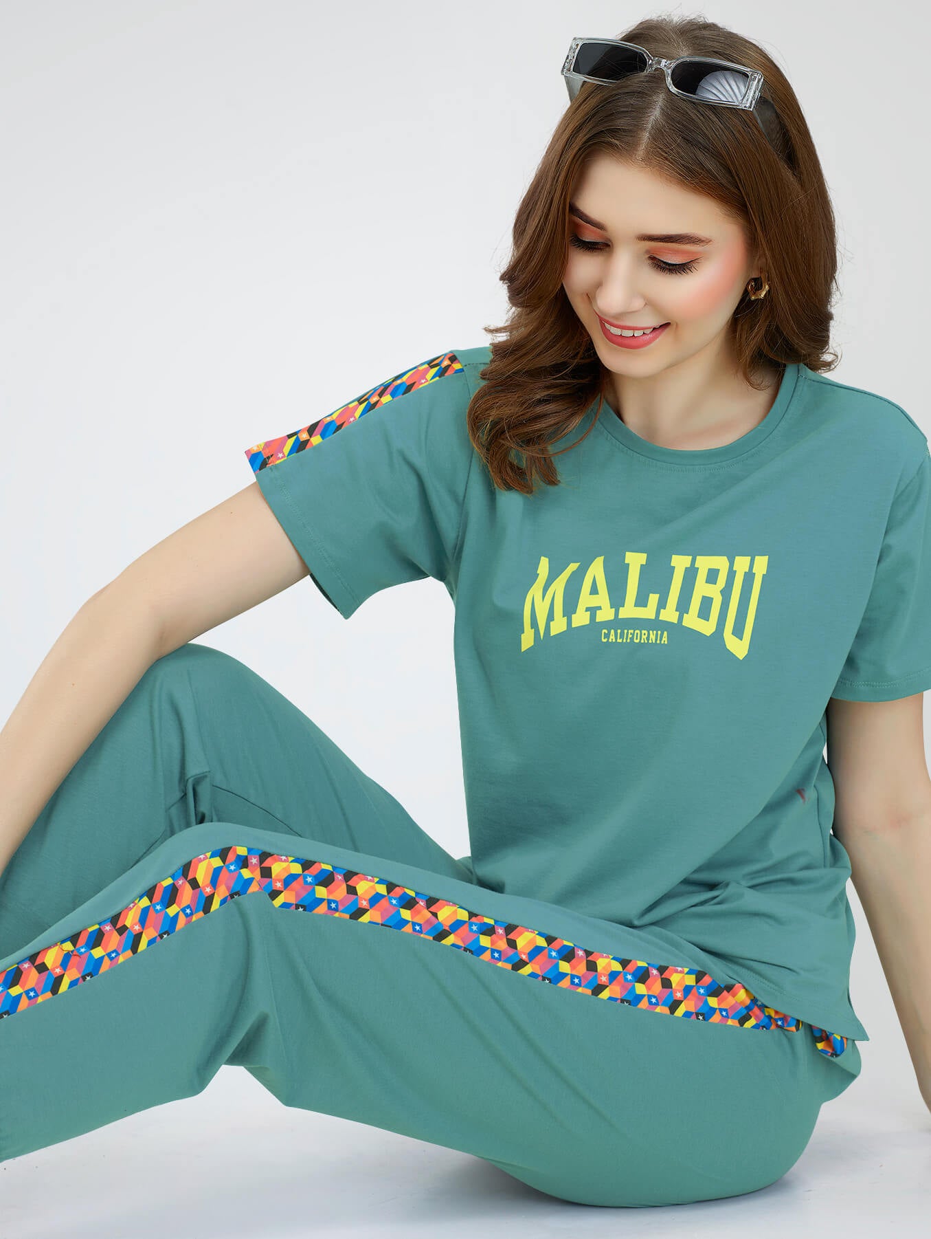 ZEYO Women's Cotton Green Typography Side Striped Night Suit Set of Top & Joggers XL