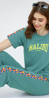 ZEYO Women's Cotton Green Typography Side Striped Night Suit Set of Top & Joggers