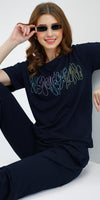 ZEYO Women's Cotton Navy Blue Typography Wide Bottom Night Suit Set of Top & Pyjama