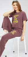 ZEYO Women's Cotton Brown Typography Wide Bottom Night Suit Set of Top & Pyjama