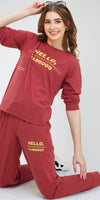 ZEYO Women's Cotton Rust Brown Typography Printed Night Suit Set of Top & Joggers