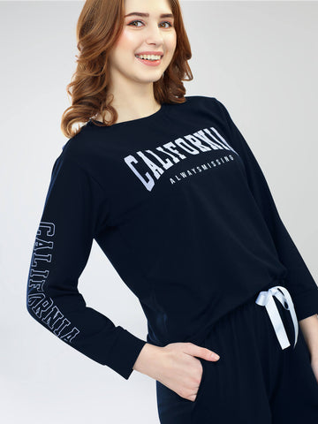 ZEYO Women's Cotton Navy Blue Typography Printed Night Suit Set of Top & Joggers