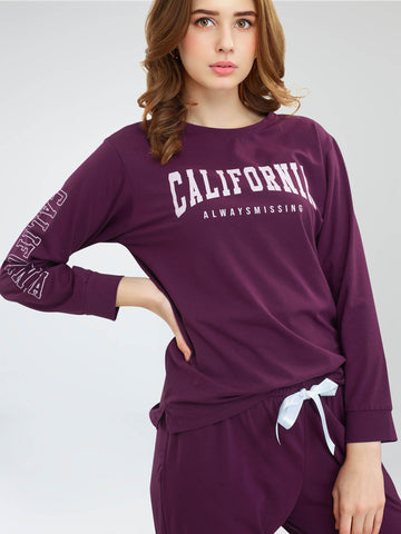 ZEYO Women's Cotton Wine Berry Typography Printed Night Suit Set of Top & Joggers