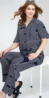 ZEYO Women's Rayon Navy Blue Printed Night Suit Set of Shirt & Pyjama