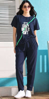 ZEYO Co-ords set for Women's Navy Blue Typography Printed Cotton of Top and Joggers