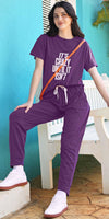 ZEYO Co-ords set for Women's Purple Typography Printed Cotton of Top and Joggers