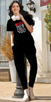 ZEYO Co-ords set for Women's Black Typography Printed Cotton of Top and Joggers