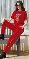 ZEYO Co-ords set for Women's Red Typography Printed Cotton of Top and Joggers