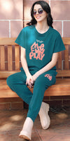 ZEYO Co-ords set for Women's Teal Green Typography Printed Cotton of Top and Joggers
