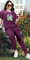 ZEYO Co-ords set for Women's Purple Typography Printed Cotton of Top and Joggers