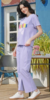 ZEYO Co-ords set for Women's Lavender Typography Printed Cotton of Top and WIDE BOTTOM Pyjama