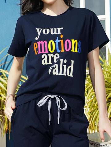 ZEYO Co-ords set for Women's Navy Blue Typography Printed Cotton of Top and WIDE BOTTOM Pyjama