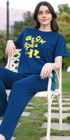 ZEYO Co-ords set for Women's Blue Typography Printed Cotton of Top and WIDE BOTTOM Pyjama