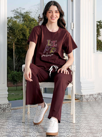 ZEYO Co-ords set for Women's Brown Typography Printed Cotton of Top and WIDE BOTTOM Pyjama