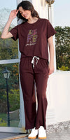 ZEYO Co-ords set for Women's Brown Typography Printed Cotton of Top and WIDE BOTTOM Pyjama