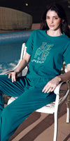 ZEYO Co-ords set for Women's Teal Green Typography Printed Cotton of Top and WIDE BOTTOM Pyjama