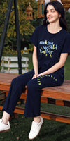 ZEYO Co-ords set for Women's Navy Blue Typography Printed Cotton of Top and WIDE BOTTOM Pyjama