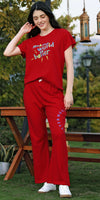 ZEYO Co-ords set for Women's Red Typography Printed Cotton of Top and WIDE BOTTOM Pyjama