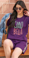 ZEYO Night Suit for Women's Purple Typography Printed Cotton Night Dress of Top and Shorts