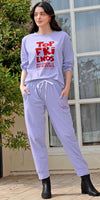 ZEYO Co-ords set for Women's Lavender Typography Printed Cotton of Top and Joggers