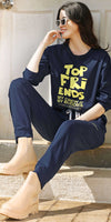 ZEYO Co-ords set for Women's Navy Blue Typography Printed Cotton of Top and Joggers