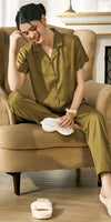 ZEYO Night suit for Women's Beige Solid Satin Night Dress of Shirt and Pajama Set