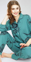 ZEYO Night Suit for Women's Sea Green Floral Printed Cotton Night Dress of Shirt and Pajama set